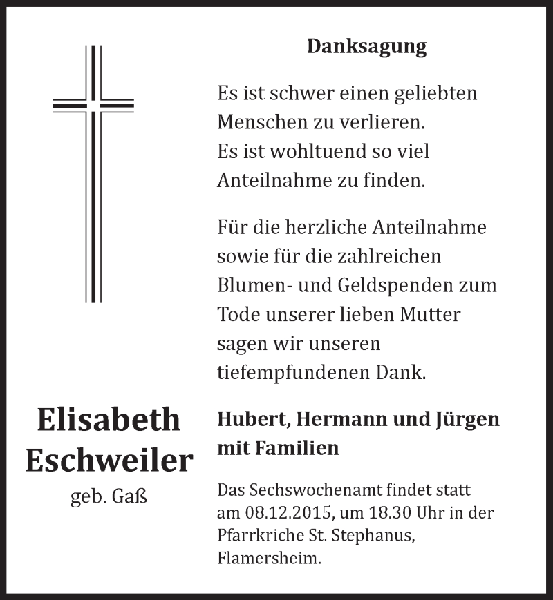  Traueranzeige für Elisabeth Eschweiler vom 06.12.2015 aus  Blickpunkt Euskirchen 