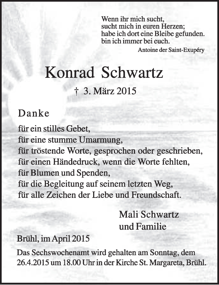  Traueranzeige für Konrad Schwartz vom 08.04.2015 aus  Schlossbote/Werbekurier 