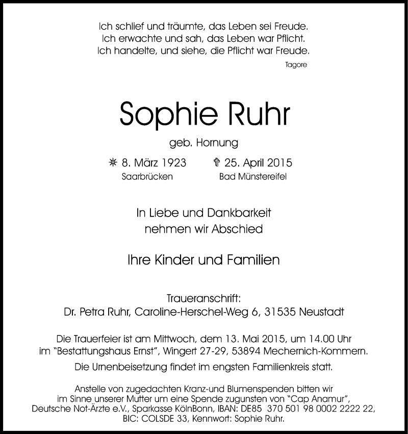  Traueranzeige für Sophie Ruhr vom 09.05.2015 aus Kölner Stadt-Anzeiger / Kölnische Rundschau / Express