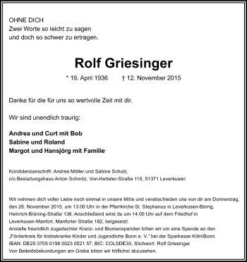 Anzeige von Rolf Griesinger von Kölner Stadt-Anzeiger / Kölnische Rundschau / Express