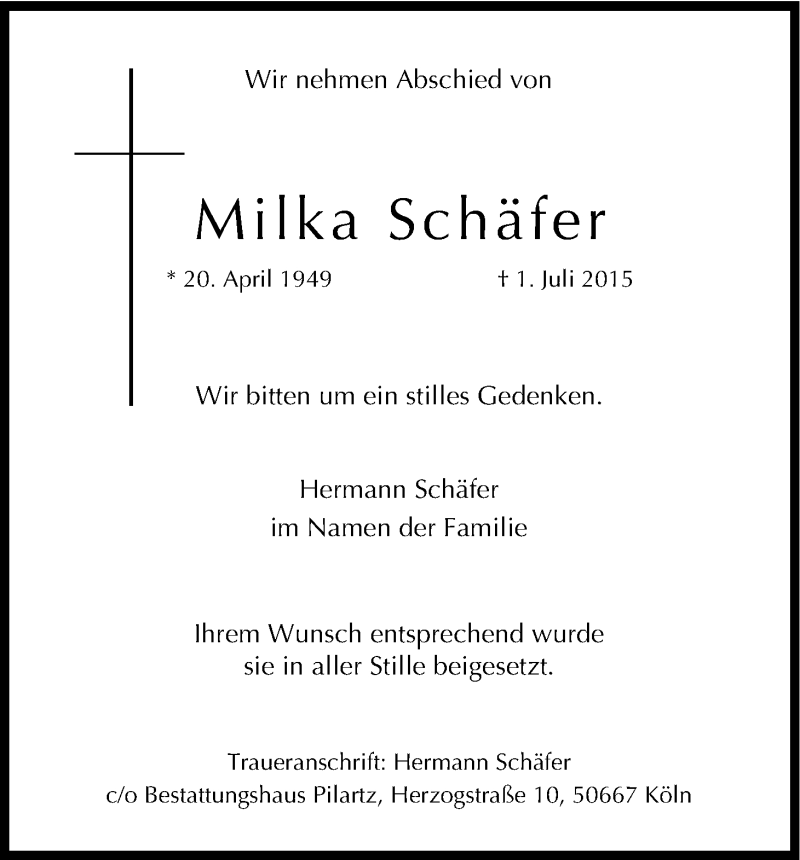  Traueranzeige für Milka Schäfer vom 11.07.2015 aus Kölner Stadt-Anzeiger / Kölnische Rundschau / Express