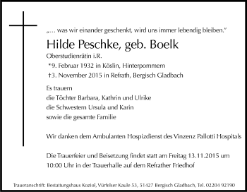 Anzeige von Hilde Peschke von Kölner Stadt-Anzeiger / Kölnische Rundschau / Express