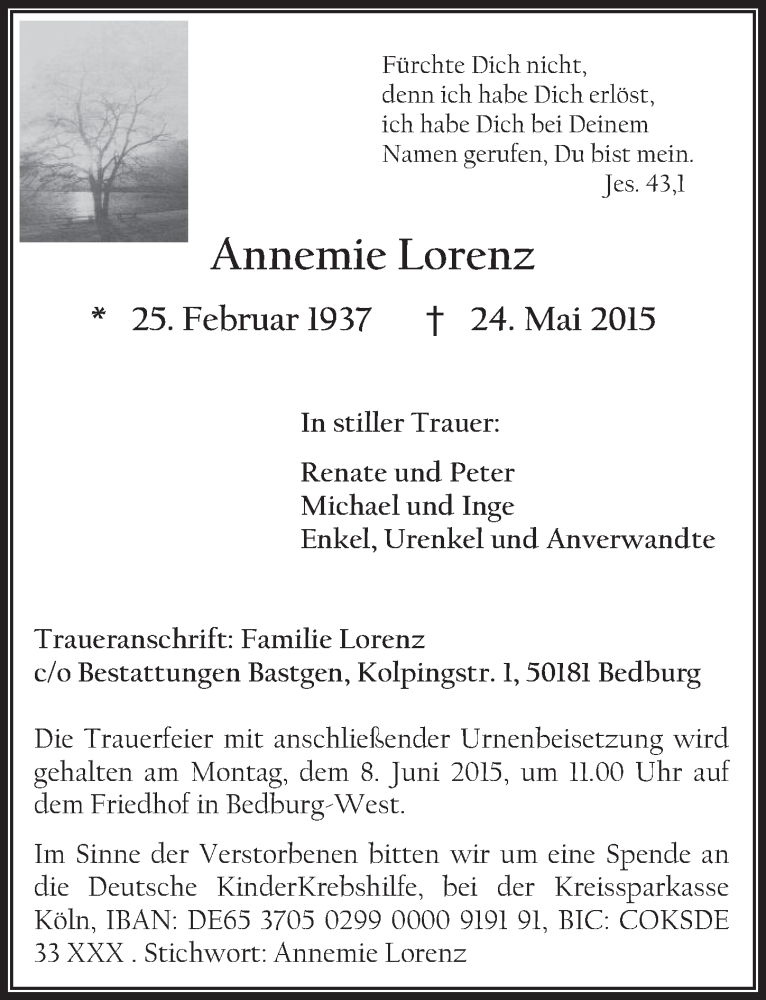  Traueranzeige für Annemie Lorenz vom 03.06.2015 aus  Werbepost 