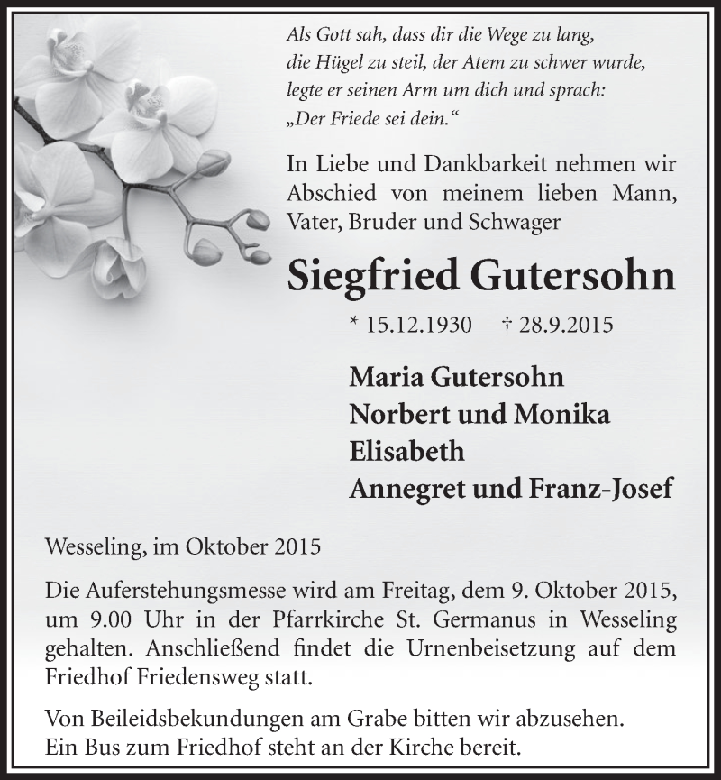  Traueranzeige für Siegfried Gutersohn vom 07.10.2015 aus  Schlossbote/Werbekurier 
