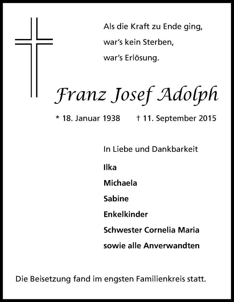  Traueranzeige für Franz Josef Adolph vom 26.09.2015 aus Kölner Stadt-Anzeiger / Kölnische Rundschau / Express