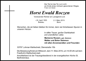 Anzeige von Horst Ewald Roczen von Kölner Stadt-Anzeiger / Kölnische Rundschau / Express