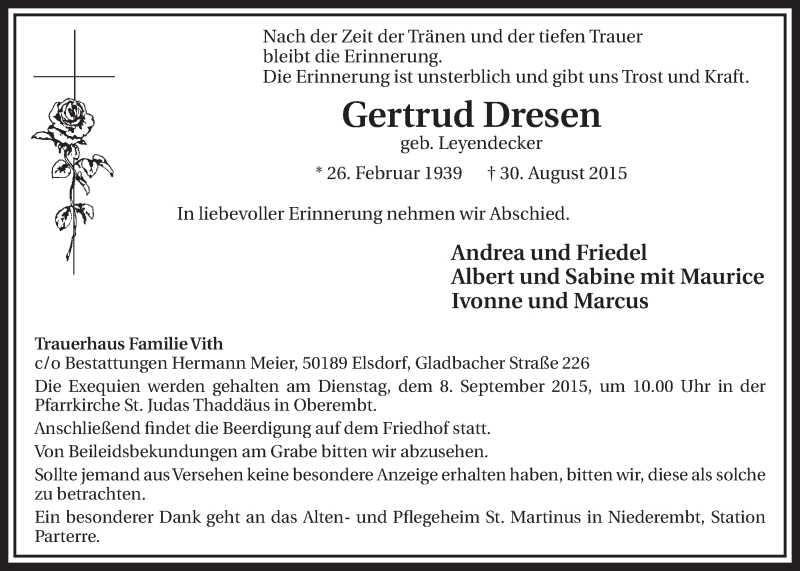  Traueranzeige für Gertrud Dresen vom 05.09.2015 aus  Sonntags-Post 