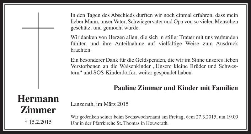  Traueranzeige für Hermann Zimmer vom 22.03.2015 aus  Blickpunkt Euskirchen 