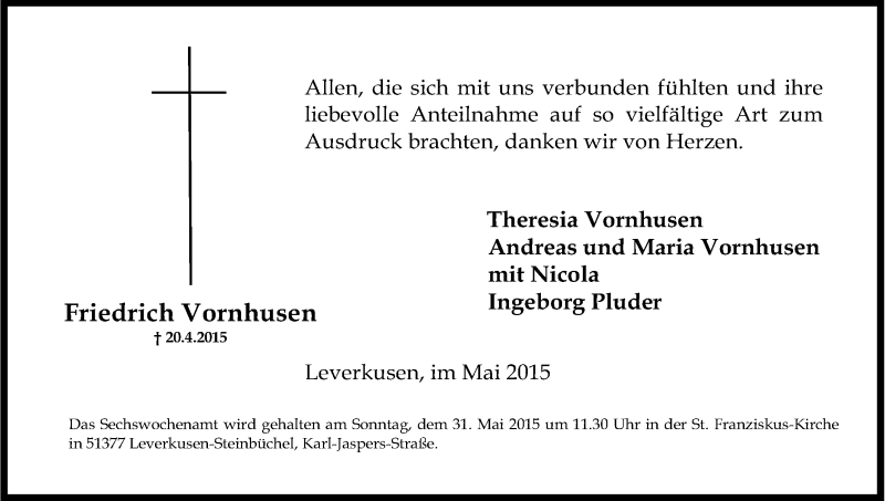  Traueranzeige für Friedrich Vornhusen vom 22.05.2015 aus Kölner Stadt-Anzeiger / Kölnische Rundschau / Express