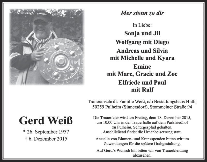  Traueranzeige für Gerd Weiß vom 12.12.2015 aus  Sonntags-Post 