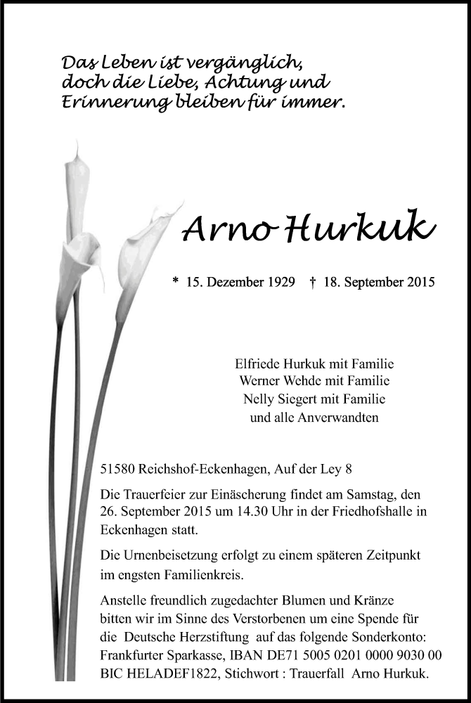  Traueranzeige für Arno Hurkuk vom 23.09.2015 aus Kölner Stadt-Anzeiger / Kölnische Rundschau / Express