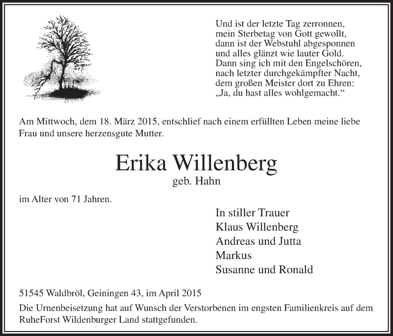  Traueranzeige für Erika Willenberg vom 01.04.2015 aus  Lokalanzeiger 