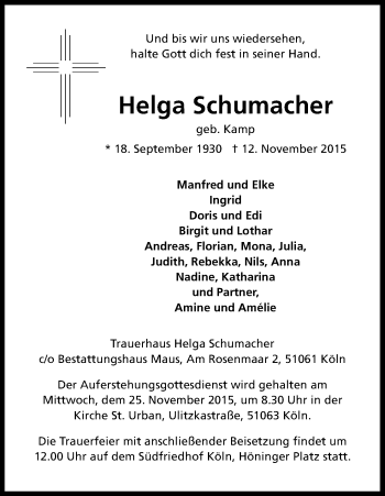 Anzeige von Helga Schumacher von Kölner Stadt-Anzeiger / Kölnische Rundschau / Express