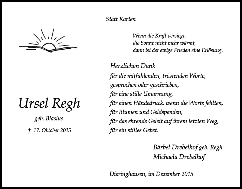  Traueranzeige für Ursel Regh vom 11.12.2015 aus Kölner Stadt-Anzeiger / Kölnische Rundschau / Express
