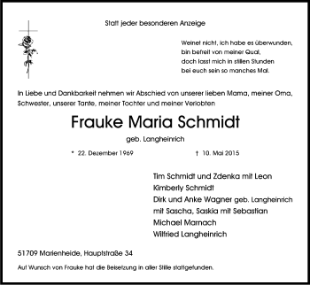 Anzeige von Frauke Maria Schmidt von Kölner Stadt-Anzeiger / Kölnische Rundschau / Express