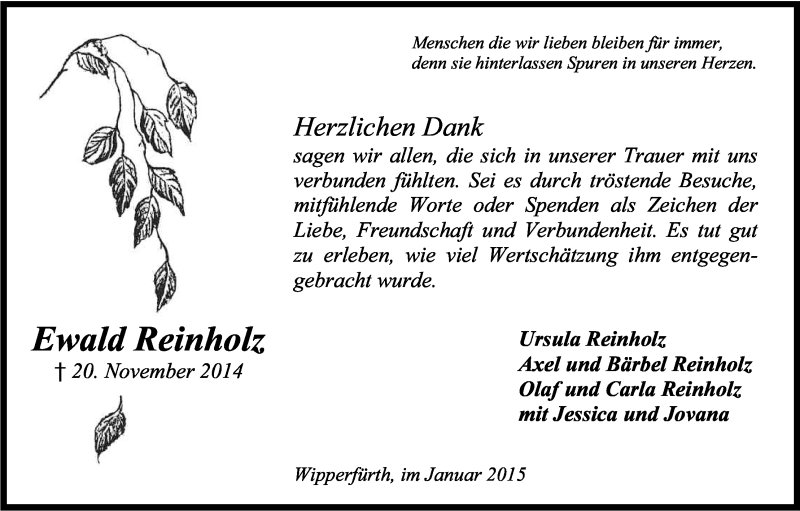  Traueranzeige für Ewald Reinholz vom 31.01.2015 aus Kölner Stadt-Anzeiger / Kölnische Rundschau / Express