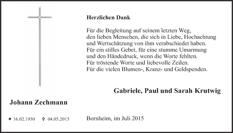 Traueranzeige für Johann Zechmann vom 15.07.2015 aus  Schaufenster/Blickpunkt 