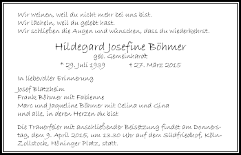 Anzeige von Hildegard Josefine Böhmer von Kölner Stadt-Anzeiger / Kölnische Rundschau / Express
