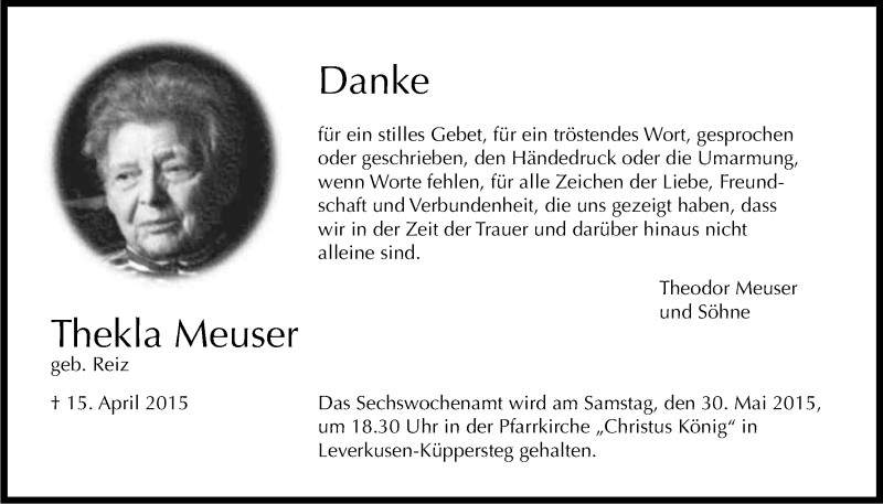  Traueranzeige für Thekla Meuser vom 26.05.2015 aus Kölner Stadt-Anzeiger / Kölnische Rundschau / Express