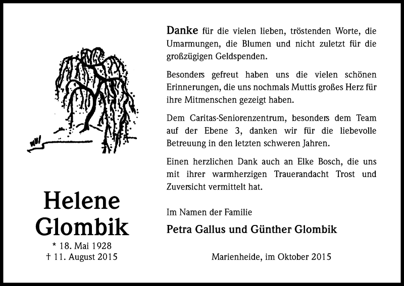  Traueranzeige für Helene Glombik vom 24.10.2015 aus Kölner Stadt-Anzeiger / Kölnische Rundschau / Express