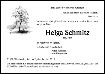 Anzeige von Helga Schmitz von Kölner Stadt-Anzeiger / Kölnische Rundschau / Express