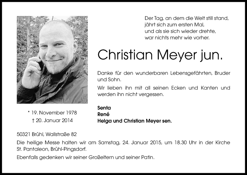  Traueranzeige für Christian Meyer vom 17.01.2015 aus Kölner Stadt-Anzeiger / Kölnische Rundschau / Express