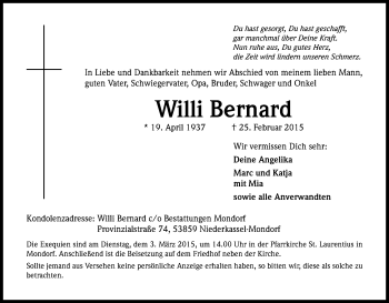 Anzeige von Willi Bernard von Kölner Stadt-Anzeiger / Kölnische Rundschau / Express