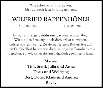 Anzeige von Wilfried Rappenhöhner von Kölner Stadt-Anzeiger / Kölnische Rundschau / Express