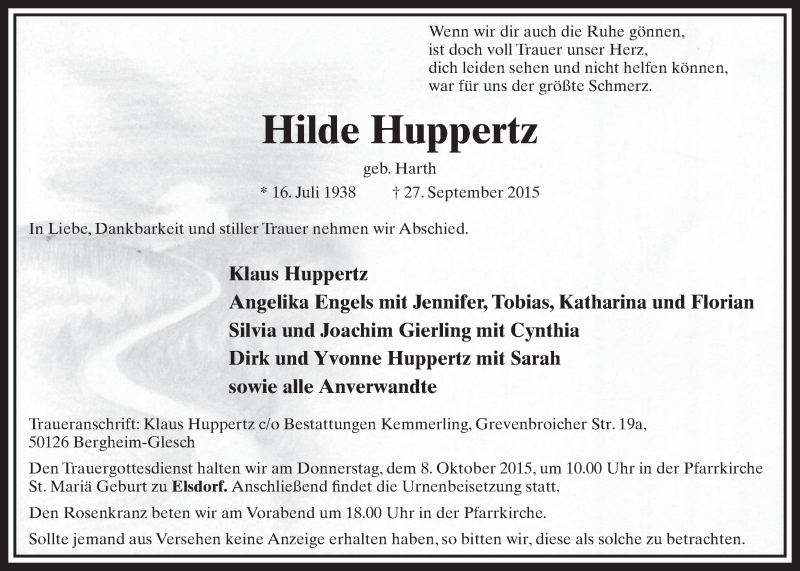  Traueranzeige für Hilde Huppertz vom 02.10.2015 aus  Sonntags-Post 
