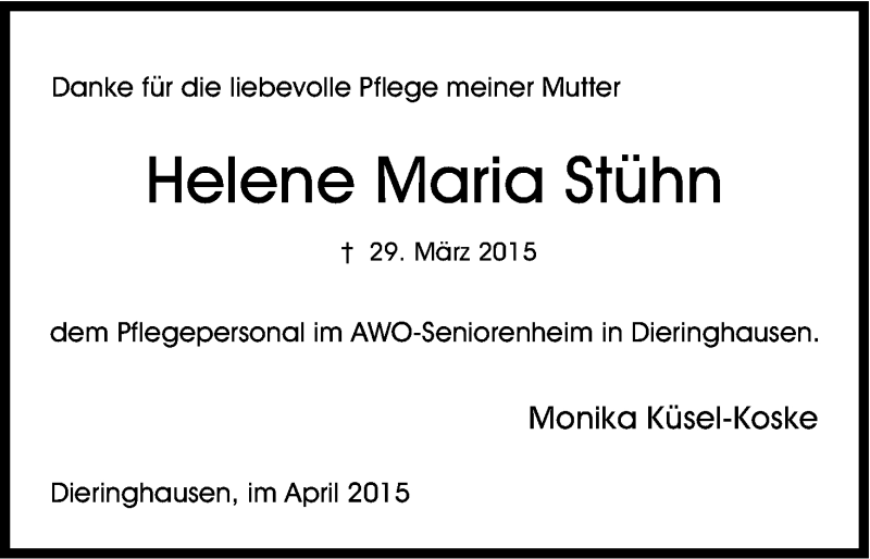  Traueranzeige für Helene Maria Stühn vom 11.04.2015 aus Kölner Stadt-Anzeiger / Kölnische Rundschau / Express