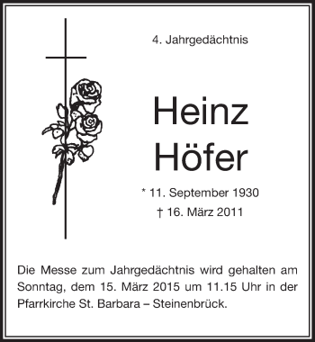 Anzeige von Heinz Höfer von  Bergisches Handelsblatt 