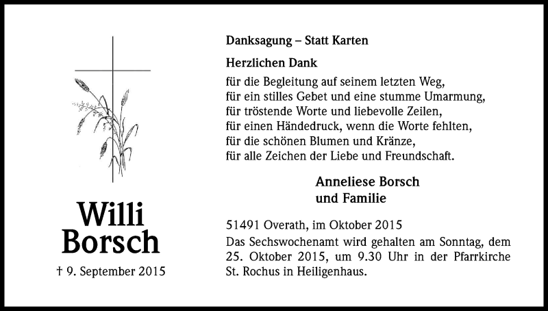  Traueranzeige für Willi Borsch vom 17.10.2015 aus Kölner Stadt-Anzeiger / Kölnische Rundschau / Express