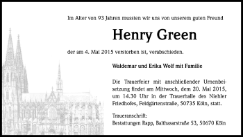 Anzeige von Henry Green von Kölner Stadt-Anzeiger / Kölnische Rundschau / Express