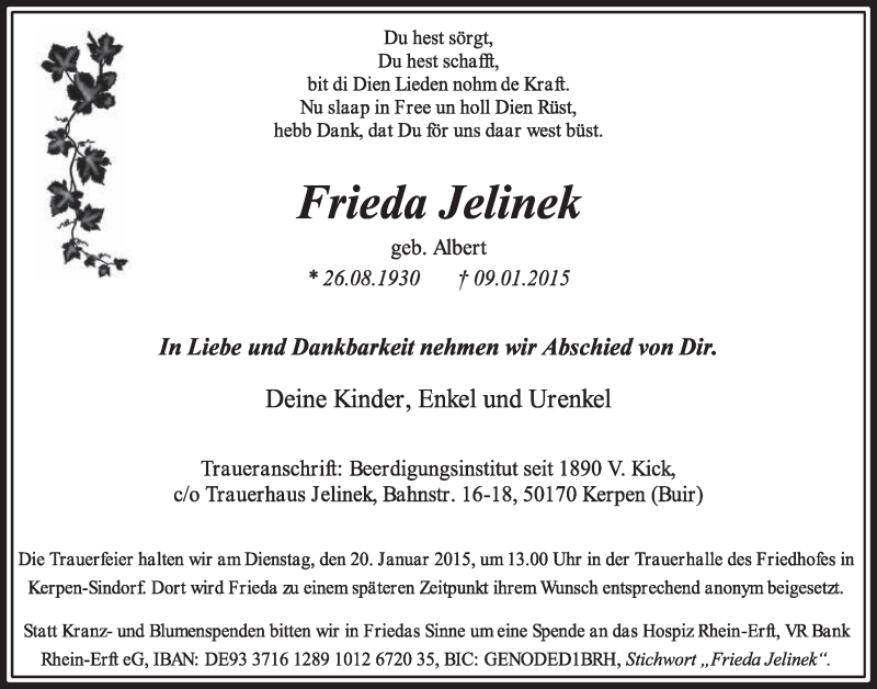  Traueranzeige für Frieda Jelinek vom 17.01.2015 aus  Sonntags-Post 