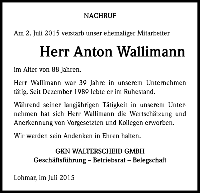  Traueranzeige für Anton Wallimann vom 16.07.2015 aus Kölner Stadt-Anzeiger / Kölnische Rundschau / Express