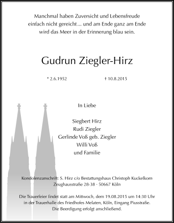Anzeige von Gudrun Ziegler-Hirz von Kölner Stadt-Anzeiger / Kölnische Rundschau / Express