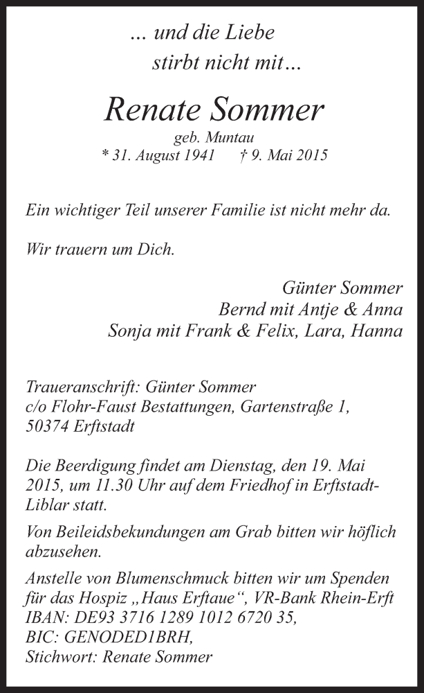  Traueranzeige für Renate Sommer vom 13.05.2015 aus  Werbepost 