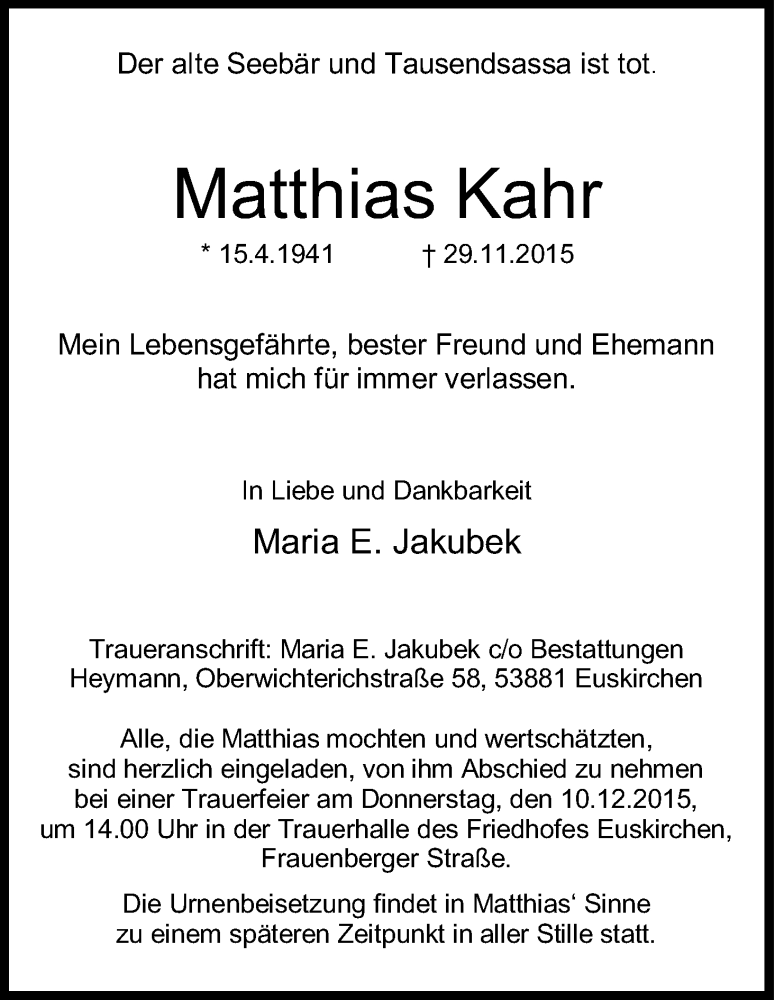  Traueranzeige für Matthias Kahr vom 05.12.2015 aus Kölner Stadt-Anzeiger / Kölnische Rundschau / Express