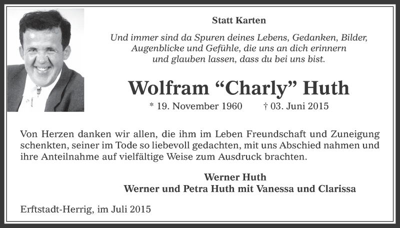  Traueranzeige für Wolfram Huth vom 01.07.2015 aus  Werbepost 
