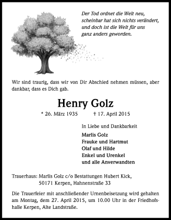 Anzeige von Henry Golz von Kölner Stadt-Anzeiger / Kölnische Rundschau / Express