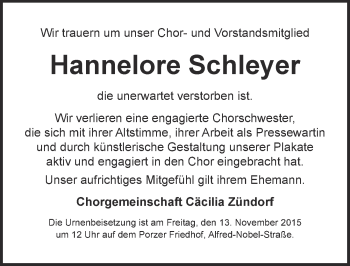 Anzeige von Hannelore Schleyer von  Kölner Wochenspiegel 