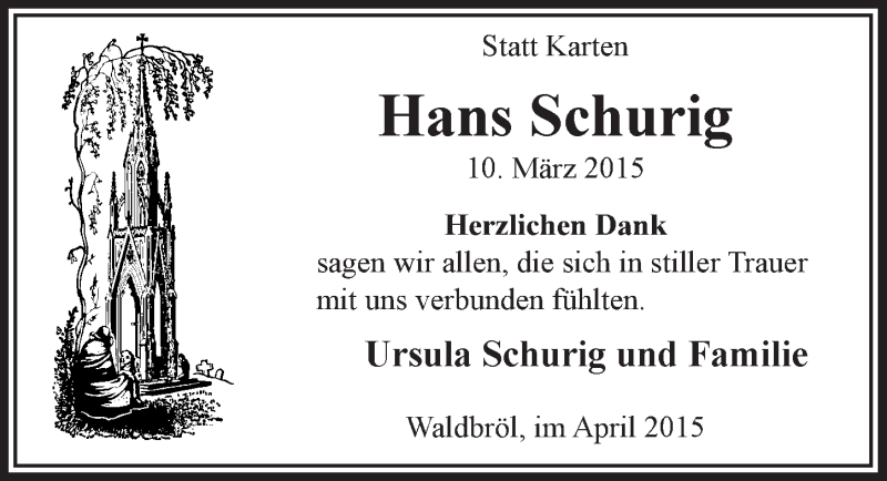  Traueranzeige für Hans Schurig vom 01.04.2015 aus  Lokalanzeiger 