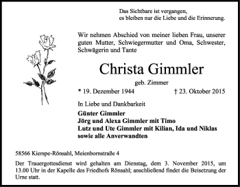 Anzeige von Christa Gimmler von Kölner Stadt-Anzeiger / Kölnische Rundschau / Express