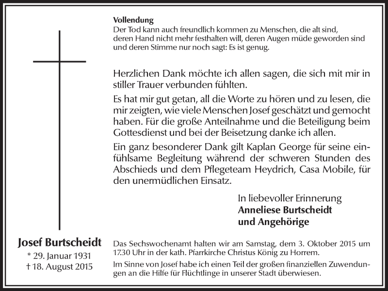  Traueranzeige für Josef Burtscheidt vom 23.09.2015 aus  Werbepost 