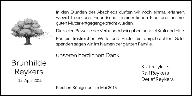  Traueranzeige für Brunhilde Reykers vom 13.05.2015 aus  Wochenende 