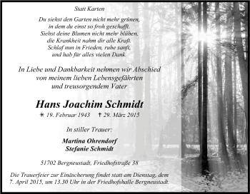 Anzeige von Hans Joachim Schmidt von Kölner Stadt-Anzeiger / Kölnische Rundschau / Express