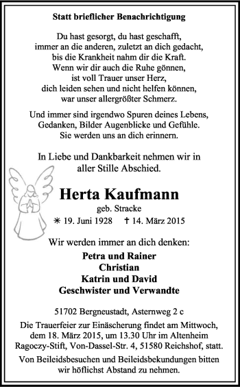 Anzeige von Herta Kaufmann von Kölner Stadt-Anzeiger / Kölnische Rundschau / Express
