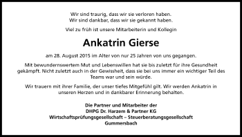 Anzeige von Ankatrin Gierse von Kölner Stadt-Anzeiger / Kölnische Rundschau / Express