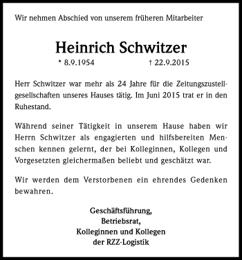 Anzeige von Heinrich Schwitzer von Kölner Stadt-Anzeiger / Kölnische Rundschau / Express