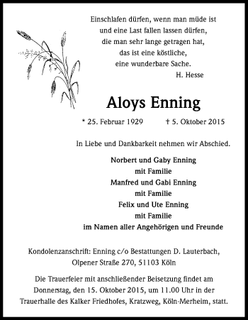 Anzeige von Aloys Ennig von Kölner Stadt-Anzeiger / Kölnische Rundschau / Express